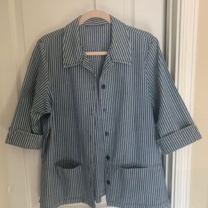 Allison Daley Blue and White Striped Button-Up Jacket Shirt Two Pockets Size XL